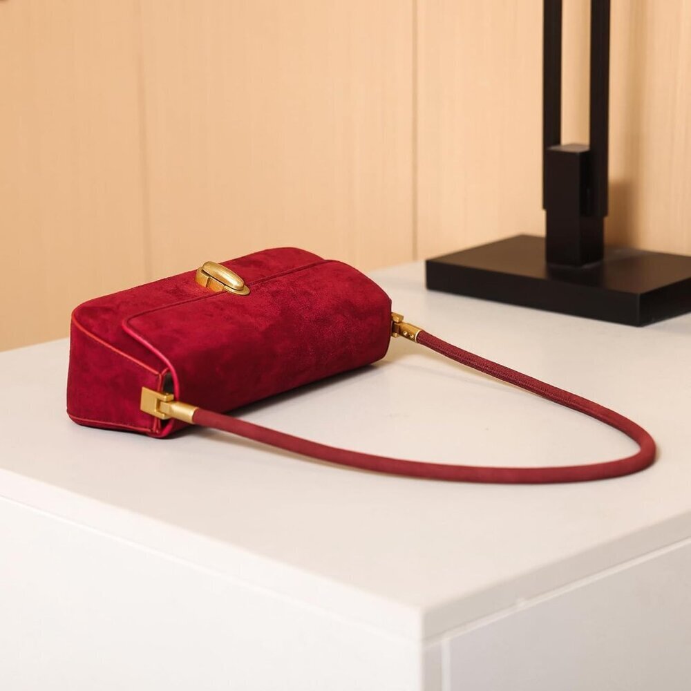 Women Burgundy faux suede leather Underarm Shoulder Bag Chic Top-Handle Purse - Picture 3 of 5